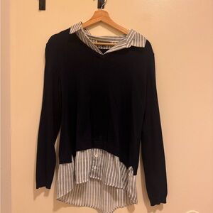 Adrianna Papell Navy Blue and White Button Down Shirt